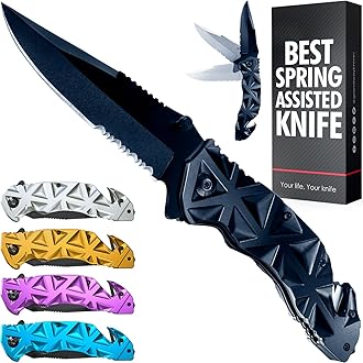 Image of GOOD WORKER Black Pocket Knife - Serrated Sharp 3.5" Blade - Spring Assisted Tactical Knife Set with Wire Cutter Glass Breaker - Cool Folding Knives for Camping - Gifts for Men HB 207