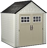 Rubbermaid Resin Outdoor Storage Shed With Floor (7 x 7 Ft), Weather Resistant, Beige/Brown, Organization for Home/Backyard/Garden Tools/Lawn Mower/Bike Storage/Pool Supplies