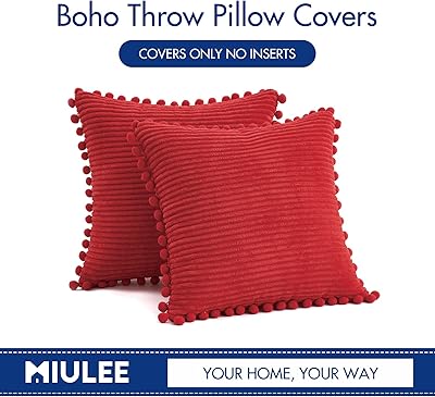 MIULEE Boho Decorative Throw Pillow Covers with Pom-poms, Soft Corduroy Square Solid Lumbar Cushion Cases for Couch Sofa Bedroom, 18x18 inch Red