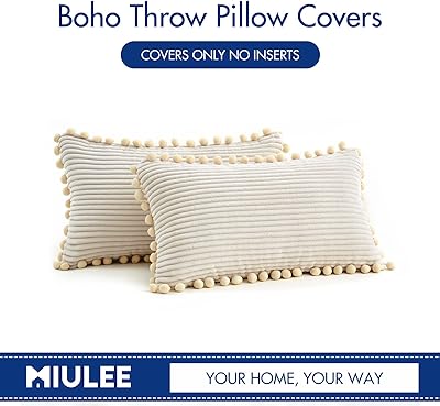 MIULEE Boho Decorative Spring Throw Pillow Covers with Pom-poms, Soft Corduroy Square Solid Cushion Cases Pillowcases for Couch Sofa Bedroom, 12x20 inch Cream