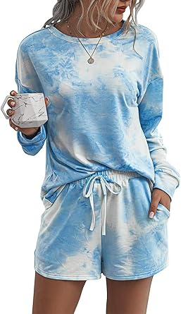 PRETTYGARDEN Womens 2 Piece Long Sleeve Tops With Lounge Shorts Sleepwear