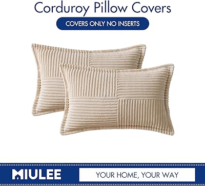 MIULEE Corduroy Pillow Covers with Splicing Set of 2 Super Soft Boho Striped Pillow Covers Broadside Decorative Textured Throw Pillows for Spring Couch Cushion Livingroom 12x20 inch, Beige