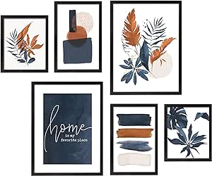 ArtbyHannah Framed Wall Art for Living Room, 6 Pieces Botanical Blue Orange Wall Art Sets with Tropical Plants for Gallery Wall Decor, Multi Sizes