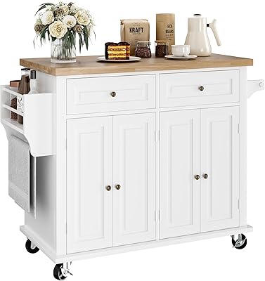 TTVIEW Kitchen Island with Storage, Rolling Kitchen Island on Wheels with Solid Rubberwood Countertop, Mobile Kitchen Cart with Spice Rack and Storage Cabinets, White