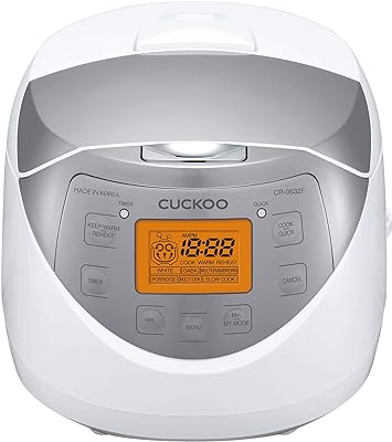 CUCKOO CR-0632F 6-Cup (Uncooked) / 12-Cup (Cooked) Micom Rice Cooker with Nonstick Inner Pot, 11 Menu Modes, LCD Display, Fuzzy Logic Tech, Auto Clean (White/Grey)