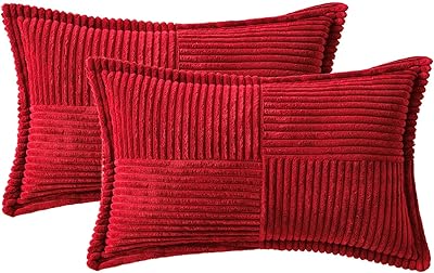 MIULEE Red Corduroy Pillow Covers with Splicing Set of 2 Super Soft Boho Striped Pillow Covers Broadside Decorative Textured Throw Pillows for Couch Cushion Livingroom 12x20 inch