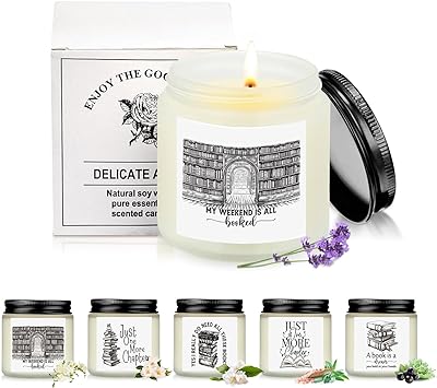 MTLEE 6 Pcs Book Lover Gifts 3.5 oz Book Scented Candle Library Lovers' Day Gifts Rustic Bookshelf Sign Soy Wax Jar for School Club Readers Writers Students Teacher Office(White)