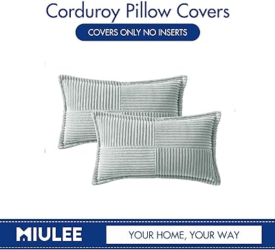 MIULEE Corduroy Pillow Covers with Splicing Set of 2 Super Soft Couch Pillow Covers Broadside Striped Decorative Textured Throw Pillows for Spring Cushion Bed Livingroom 12x20 inch, Greyish Green