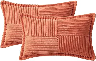 MIULEE Coral Red Corduroy Pillow Covers 12x20 Inch with Splicing Set of 2 Super Soft Boho Striped Pillow Covers Broadside Decorative Textured Throw Pillows for Spring Couch Cushion Bed Livingroom