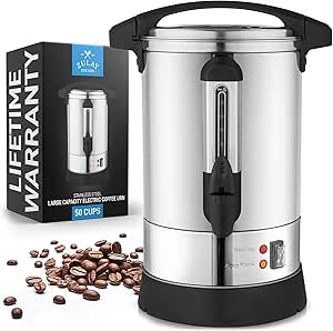Zulay Kitchen Commercial Coffee Maker - Coffee Urn 50 Cup Coffee Maker - Large Coffee Maker &amp; Hot Water Urn - Coffee Percolator Electric - Industrial Coffee Maker &amp; Dispenser - Silver