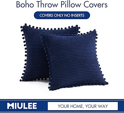 MIULEE Boho Decorative Throw Pillow Covers with Pom-poms, Soft Corduroy Square Solid Cushion Cases Pillowcases for Spring Couch Sofa Bedroom, 18x18 inch Navy Blue