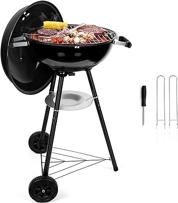 HaSteeL 18 Inch Charcoal Grill, Black Kettle Outdoor Barbecue Grill, 2-In-1 Portable BBQ Grill with Wheels for Camping/Backyard/Patio/Picnic, Porcelain-Enameled Lid & Fire Bowl, 254.SQ.IN Cooking Area