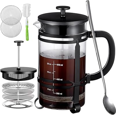 French Press Coffee Maker (34 oz) with 4 Filters - 304 Durable Stainless Steel,Heat Resistant Borosilicate Glass Coffee Press,BPA Free,Black（include 1 cleaning brush,1spoon and 2 spare filter screen