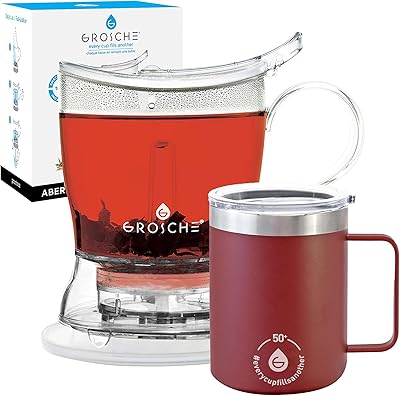 GROSCHE Aberdeen teapot 34 fl oz Clear tea steeper and GROSCHE Everest 14 fl oz Red stainless steel vacuum insulated mug tea gift set