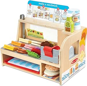 Melissa &amp; Doug Wooden Slice &amp; Stack Sandwich Counter with Deli Slicer – 56|Piece Pretend Play Food Pieces | Wooden Food Toys, Kitchen Play Food Set For Toddlers And Kids Ages 3+