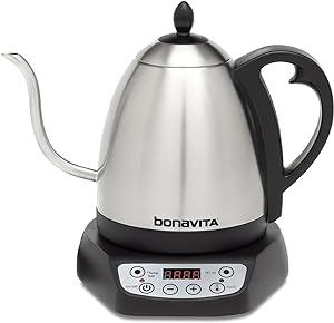 Bonavita 1L Digital Variable Temperature Gooseneck Electric Kettle for Coffee Brew and Tea Precise Pour Control, 6 Preset Temps, Café or Home Use, 1000 Watt, Stainless Steel