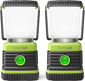 LED Camping Lantern, Consciot Battery Powered Camping Lights, 1000LM, 4 Light Modes, IPX4 Waterproof Tent Lights, Portable Flashlight for Power Outages, Emergency, Hurricane, Hiking, 2-Pack