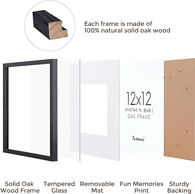 Oak Wood 12x12 Picture Frames in Black, 12"x12" Photo Frame for Wall, Square Frame 12x12, Rustic Wood 12 x 12 Picture Frame, Real Glass, 12x12 Frame With Mat for 8x8, Set of 3