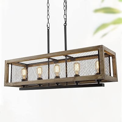 Farmhouse Chandelier, 5-Light Rectangular Chandeliers for Dining Room, 32" Rustic Kitchen Island lighting with Wood and Black Metal Finish