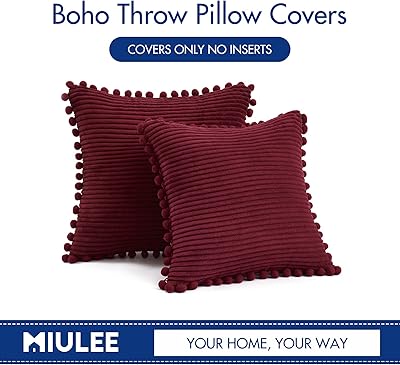 MIULEE Boho Decorative Throw Pillow Covers with Pom-poms, Soft Corduroy Square Solid Lumbar Cushion Cases for Couch Sofa Bedroom, 18x18 inch Wine Red