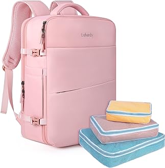 Image of Travel Backpack for Men Women 17 Inch Flight Approved Carry on Backpack Waterproof Large 40L Luggage Daypack Business College Weekender Overnight Laptop Backpack with 3 Packing Cubes, Pink