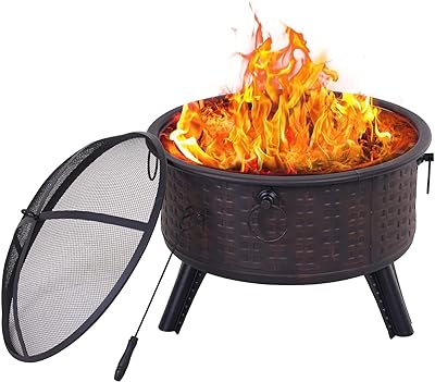 GRAND PATIO Fire Pits for Outside,Round Deep Bonfire Wood Burning Fire Pit with Spark Screen Cover Safe Mesh Lid and Poker