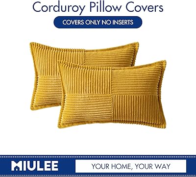 MIULEE Mustard Yellow Pillow Covers 12x20 Inch with Splicing Set of 2 Super Soft Boho Striped Corduroy Pillow Covers Broadside Decorative Textured Throw Pillows for Fall Couch Cushion Livingroom