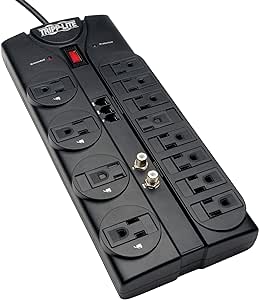 Tripp Lite TLP1208TELTV 12 Outlet Surge Protector Power Strip, 8ft Cord, Right-Angle Plug, Tel/Modem/Coax Protection, RJ11, &amp; Dollar 150,000 Insurance Black