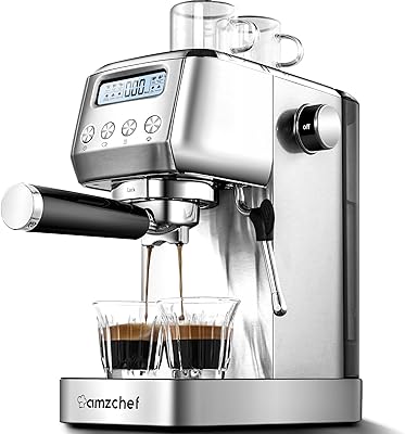 amzchef Espresso Machines 20 Bar, Espresso Maker with Milk Frother & LCD Panel, Adjustable Temp, Compact Cappuccino Machines for Home Gifts, Stainless Steel