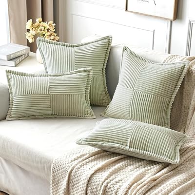 MIULEE Light Green Corduroy Pillow Covers 18x18 Inch with Splicing Set of 2 Super Soft Boho Striped Pillow Covers Broadside Decorative Textured Throw Pillows for Spring Couch Cushion Bed Livingroom