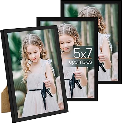 upsimples 5x7 Picture Frame Set of 3, Made of High Definition Glass for 5x7 Black Frames, Wall and Tabletop Display Thin Border Photo Frame for Home Décor