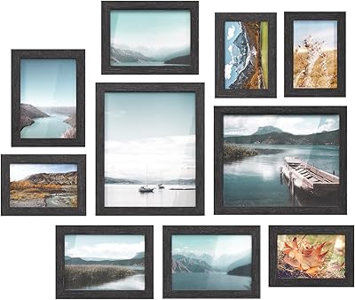 SONGMICS Picture Frames, 10 Pack Collage Picture Frames with Two 8x10, Four 5x7, Four 4x6, Photo Frame Set for Wall Gallery Decor, Hanging or Tabletop Display, Clear Glass Front, Ink Black