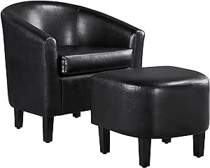 Yaheetech Accent Chair with Ottoman Set, Modern Faux Leather Upholstered Soft Barrel Chair and Footrest, Club Armchair and Footstool for Living Room/Bedroom/Reading Room/Guest Room, Black