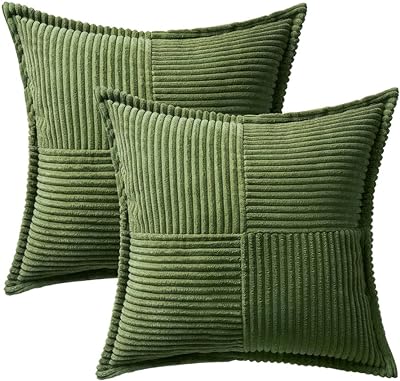 MIULEE Moss Green Corduroy Pillow Covers 18x18 Inch with Splicing Set of 2 Super Soft Boho Striped Pillow Covers Broadside Decorative Textured Throw Pillows for Spring Couch Cushion Bed Livingroom