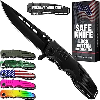 Image of Safety Lock Pocket Knife - Spring Assisted 3.4-inch Sharp Blade - Folding Tactical Black Knife with Aluminum Handle - Ideal Knives Set for EDC Camping Hunting Survival - Birthday Gift for Men & Women 6681