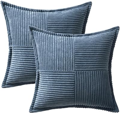 MIULEE Blue Corduroy Pillow Covers 18x18 inch with Splicing Set of 2 Super Soft Boho Striped Pillow Covers Broadside Decorative Textured Throw Pillows for Spring Couch Cushion Bed Livingroom