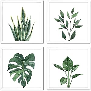 ArtbyHannah 10x10 Framed Wall Art Plant Wall Decor for Bathroom Wall Pictures with White Frames and Green Leaf Plant Prints, Set of 4