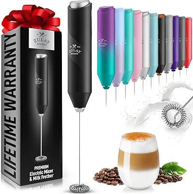 Zulay Kitchen Powerful Milk Frother Wand - Mini Milk Frother Handheld Stainless Steel - Battery Operated Drink Mixer for Coffee, Lattes, Cappuccino, Matcha - Froth Mate Milk Frother Gift - Black