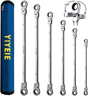 Image of YIYEIE 6 Pcs Extra Long Flex Head Ratcheting Wrench Set, Metric Long Wrench 8mm - 19mm, 72-Tooth Double Box End Wrenches, Chrome Vanadium Steel with Mirror Polish Finish, Rolling Pouch