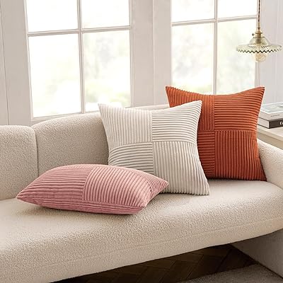 MIULEE Beige Corduroy Pillow Covers Pack of 2 Boho Decorative Spliced Throw Pillow Covers Soft Solid Couch Pillowcases Cross Patchwork Textured Cushion Covers for Living Room Bed Sofa 18x18 inch