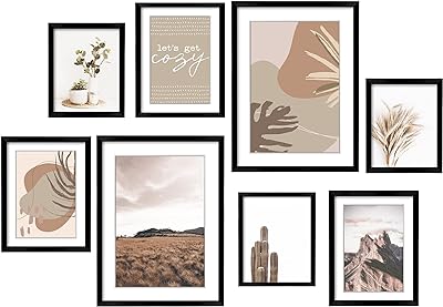 ArtbyHannah 8-Pack Black Gallery Wall Frame Set with Neutral Decorative Prints, Picture Frame Set for Home Decor, with Multi-Size 11x14 x2pcs, 8x10 x3pcs, 6x8 x3pcs