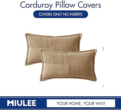 MIULEE Corduroy Pillow Covers with Splicing Set of 2 Super Soft Couch Pillow Covers Broadside Striped Decorative Textured Throw Pillows for Cushion Bed Livingroom 12 x 20 inch, Khaki