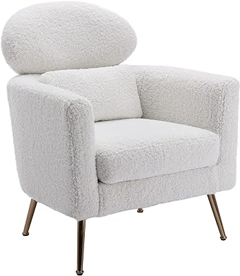 Janoray Sherpa Accent Chair Modern Living Room Chair Slipper Chair with Pillow & Gold Legs Comfy Upholstered Single Sofa Armchair for Lounge/Bedroom/Reception, Cream White