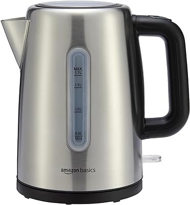 Amazon Basics Stainless Steel Fast, Portable Electric Hot Water Kettle for Tea and Coffee, 1.7-Liter, Black and Sliver