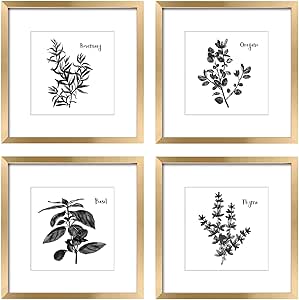 ArtbyHannah Framed Kitchen Wall Art Herbs Wall Art Decor, 11x11 Inches Gold Frame Set with Botanical Prints for Home Decoration, 4 Pack