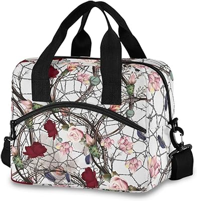 Insulated Lunch Bags,Boho with Catch Dreamer Roses and Cactus Flower Lunch Box Tote Cooler Bag for Women Adult with Adjustable Shoulder Strap for Work School