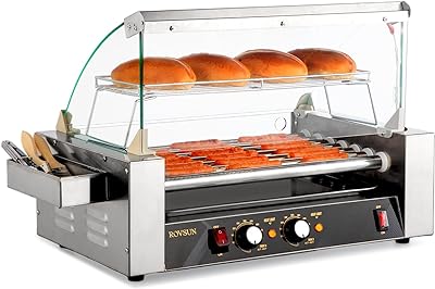 18 Hot Dog 7 Roller 1050W, Hot Dog Roller Grill Cooker Machine w/LED Lighting, Dual Temp Control, Cover, Removable Shelf & Drip Tray for Home Party Commercial ETL Certified