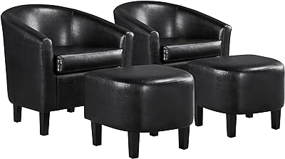 Yaheetech Accent Chair with Ottoman Foot Rest, PU Leather Mid Century Modern Upholstered Soft Barrel Chair Comfy Armchair and Footrest Set for Living Room/Bedroom/Reading Room, Set of 2, Black