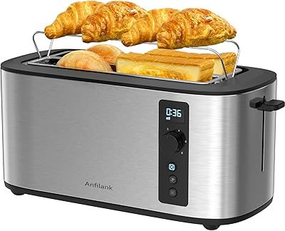 Stainless Steel Toaster 4 Slice Long Wide Slot with Digital Countdown Timer, Built-in Warming Rack, Bagel/Cancel/Defrost Functions, 6 Browning Settings, Removable Crumb Tray Anfilank