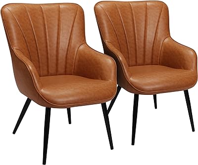 PrimeZone Faux Leather Living Room Chair - Mid Century Modern Accent Chair Upholstered Sofa Chairs with Metal Legs, Wingback Armchair for Bedroom,Office, Dining Room, Office, Brown, Set of 2